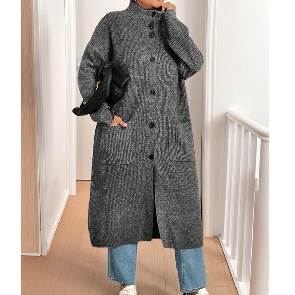 Plus Cozy Solid Button Down High Neck Pockets Oversized Cardigan - Picture 1 of 5